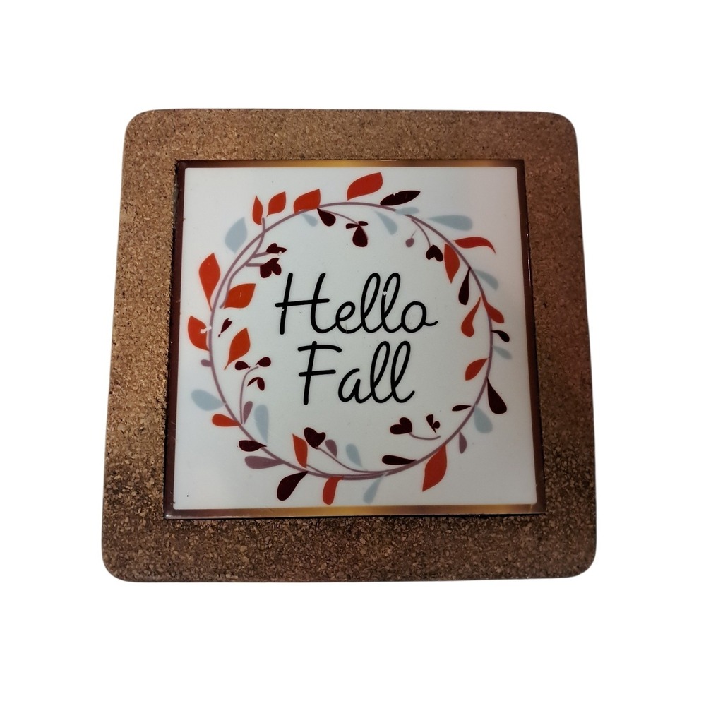 HELLO FALL Artisan Made Pot Trivet Holder 8"x 8" Pretty Leaves Ceramic Tile Cork